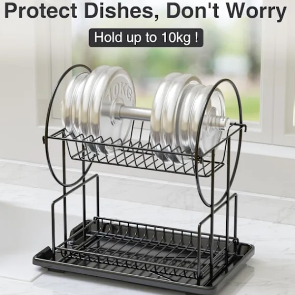 Tvättillbehör-2-vånings svart diskställ med droppbricka, rostfritt stål avloppsdisk