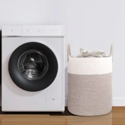 Tvättillbehör-Vävda tvättkorg i bomull, 53L tvättkorg med handtag, 46x38cm