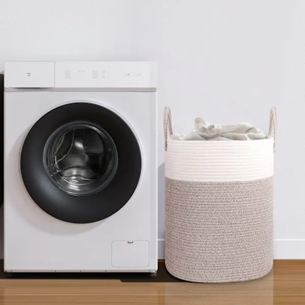 Tvättillbehör-Vävda tvättkorg i bomull, 53L tvättkorg med handtag, 46x38cm