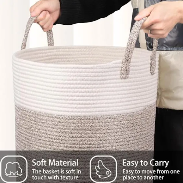 Tvättillbehör-Vävda tvättkorg i bomull, 53L tvättkorg med handtag, 46x38cm