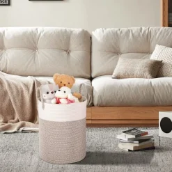 Tvättillbehör-Vävda tvättkorg i bomull, 53L tvättkorg med handtag, 46x38cm