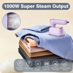 Ångtvättar-1000W hopfällbar handhållen minidamptång, keramisk non-stick-sula, 180° roterande handtag, 20s snabb uppvärmning, 2-i-1 bärbar ångstrykjärn