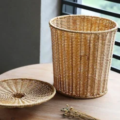 Soptunnor-Yhsqv-vävd Papperskorg Rund Rotting Papperskorg Med Lock Planteringskruka Vävd Korg Flätad Papperskorg