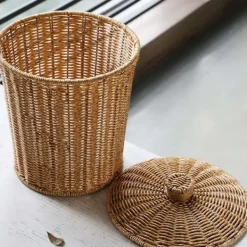 Soptunnor-Yhsqv-vävd Papperskorg Rund Rotting Papperskorg Med Lock Planteringskruka Vävd Korg Flätad Papperskorg